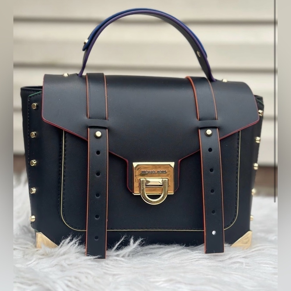 Michael Kors Black Satchel with Gold Hardware and Red Trim